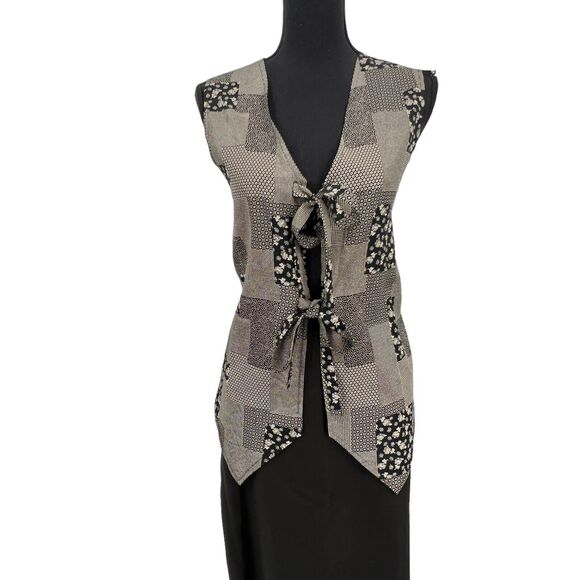 Vintage Smart Parts Lagenlook Multi Print Tie Front Career Business Vest Large - Picture 1 of 4